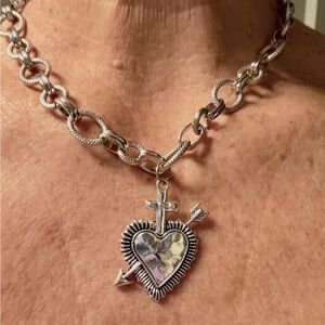 Silver Chunky Heart and Cross Pendant Necklace